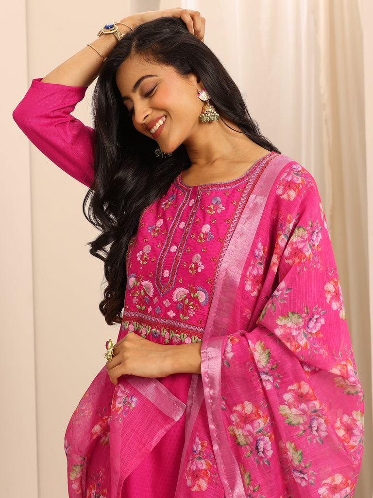Libas Pink Woven Cotton Blend Straight Suit Set With Dupatta