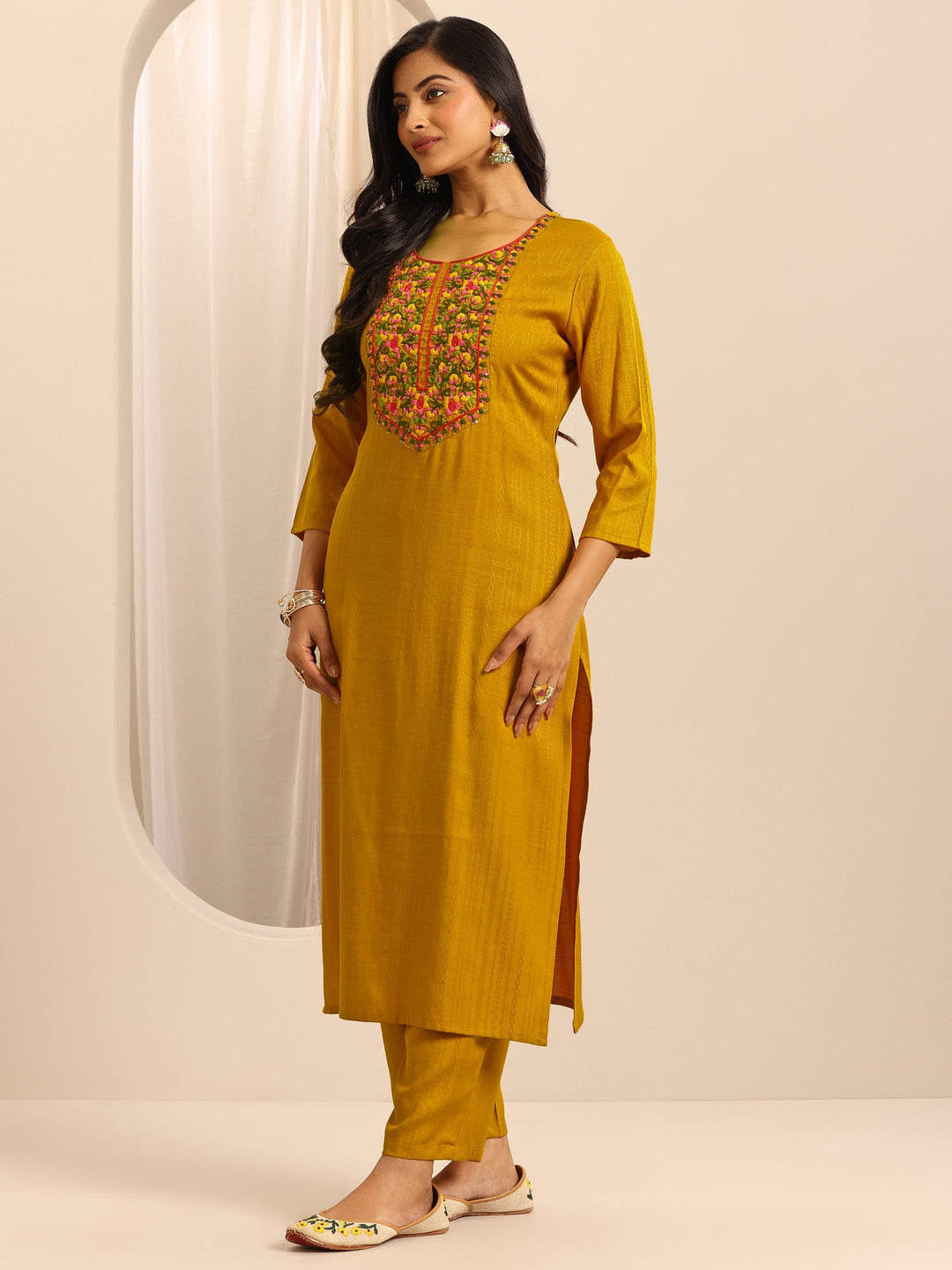  Yellow Woven Cotton Blend Straight Suit Set With Dupatta 