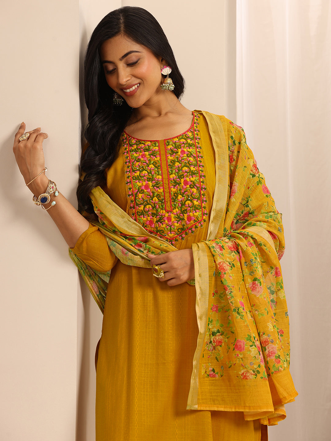 Yellow Woven Cotton Blend Straight Suit Set With Dupatta-image-16