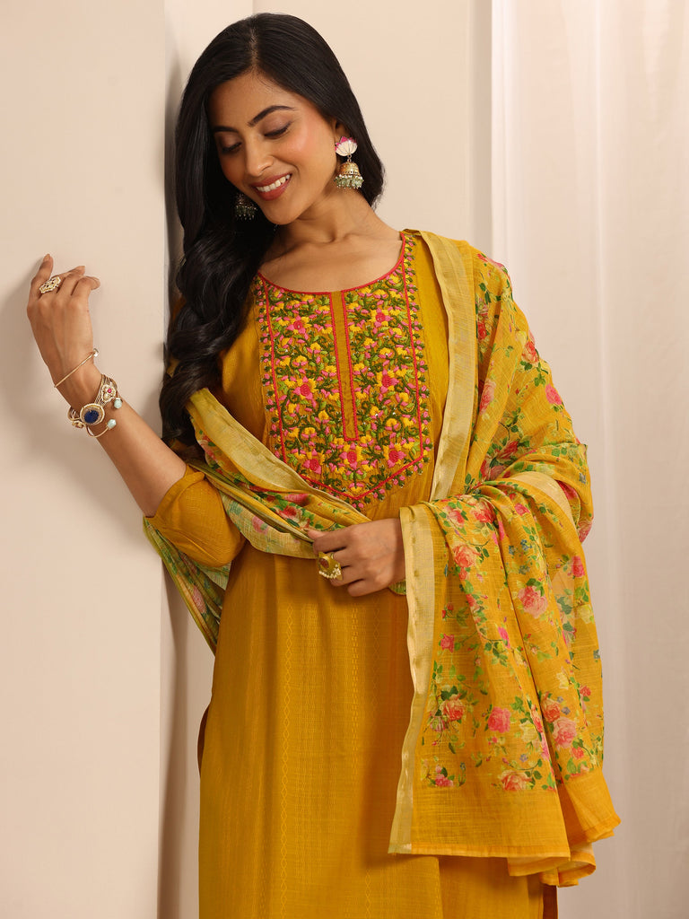 Libas Yellow Woven Cotton Blend Straight Suit Set With Dupatta