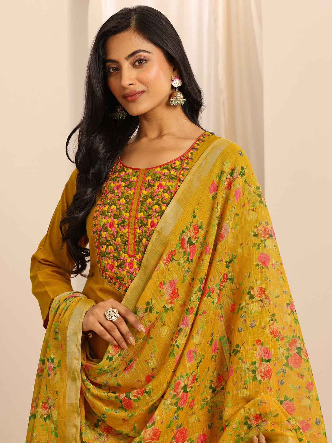 Yellow Woven Cotton Blend Straight Suit Set With Dupatta 