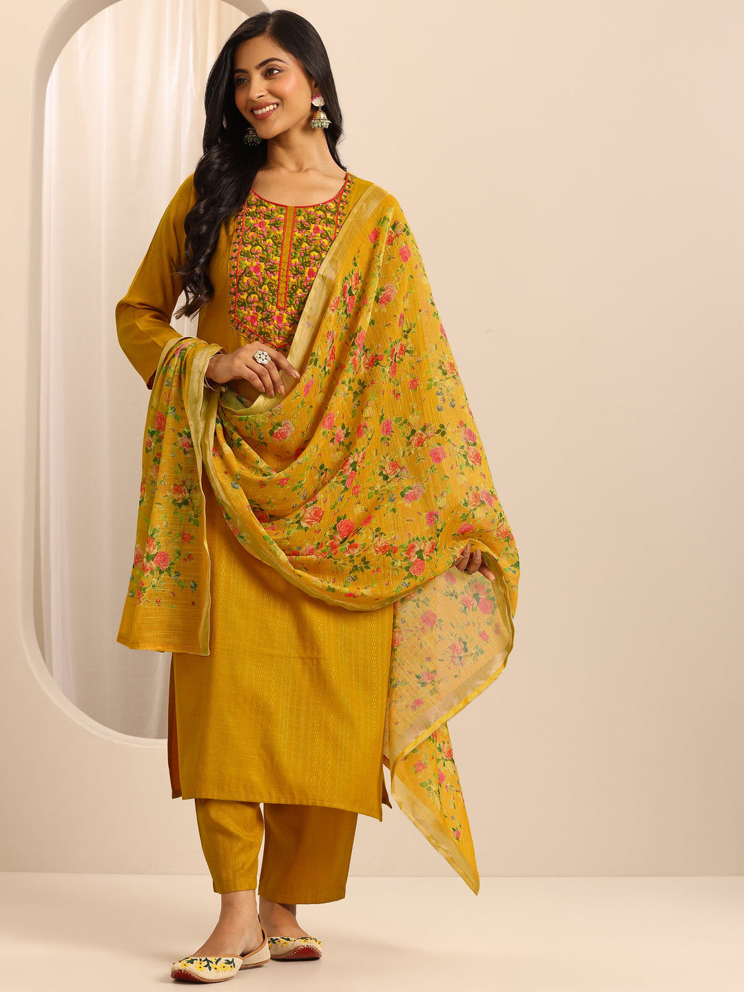  Yellow Woven Cotton Blend Straight Suit Set With Dupatta 