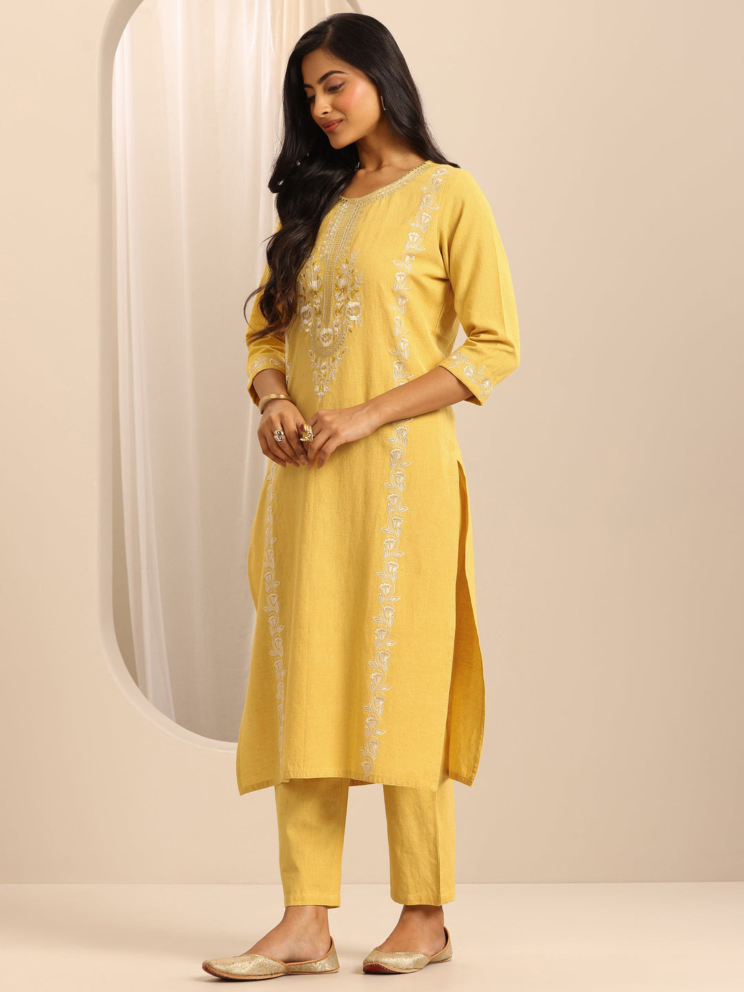  Yellow Embroidered Cotton Blend Straight Suit Set With Dupatta 