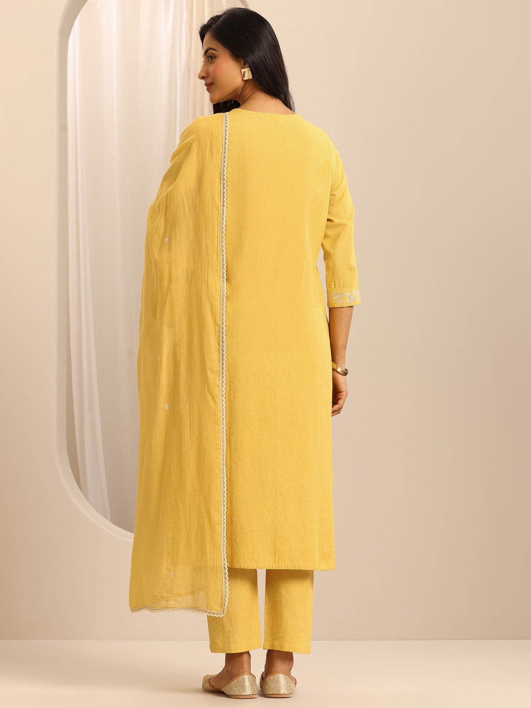  Yellow Embroidered Cotton Blend Straight Suit Set With Dupatta 