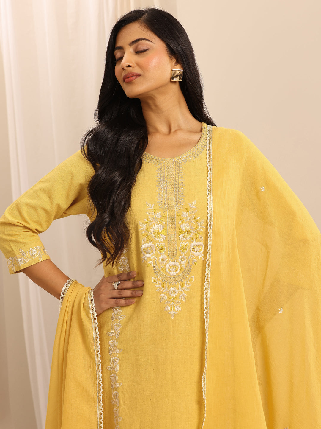  Yellow Embroidered Cotton Blend Straight Suit Set With Dupatta 