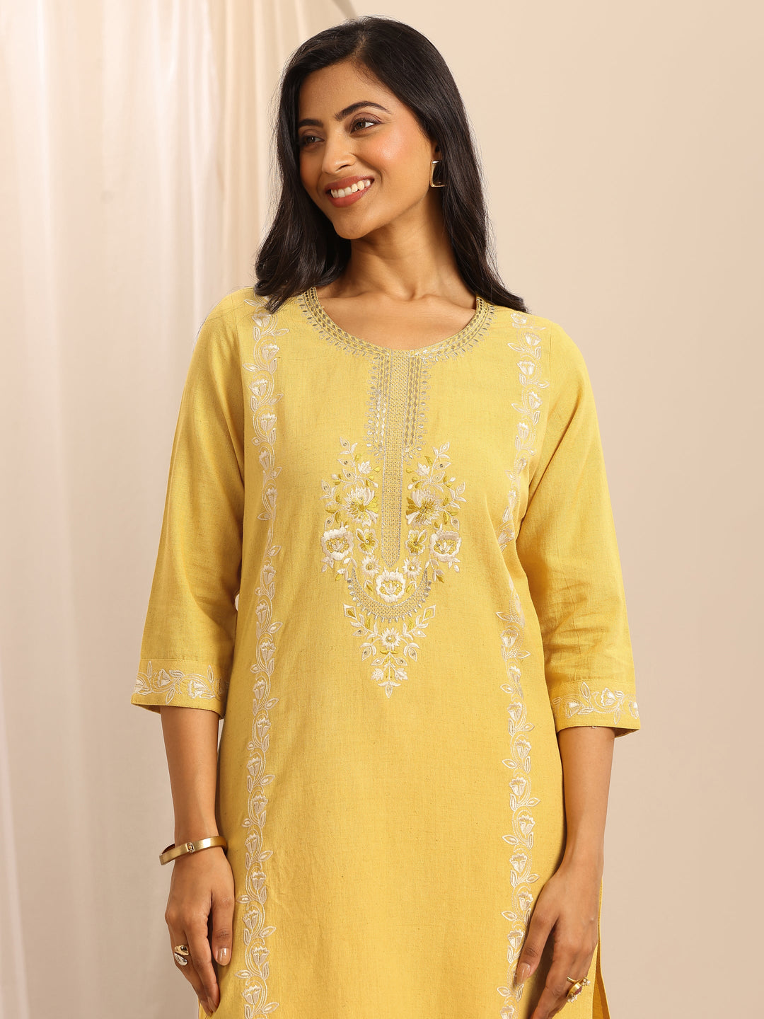 Yellow Embroidered Cotton Blend Straight Suit Set With Dupatta 
