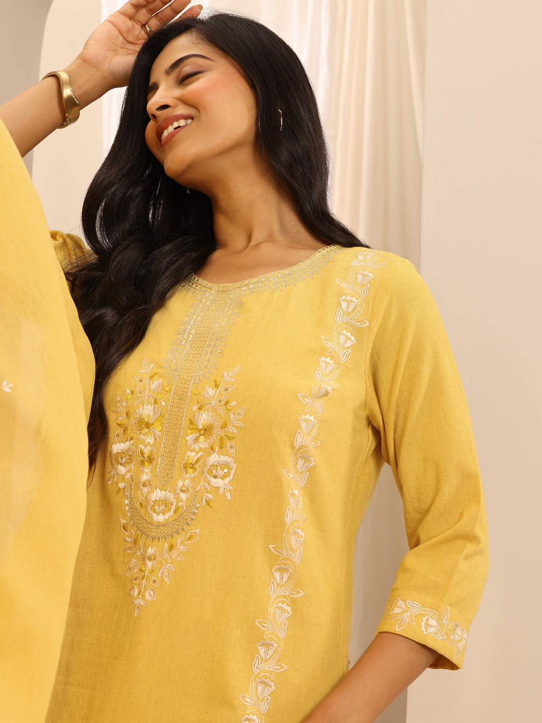  Yellow Embroidered Cotton Blend Straight Suit Set With Dupatta 
