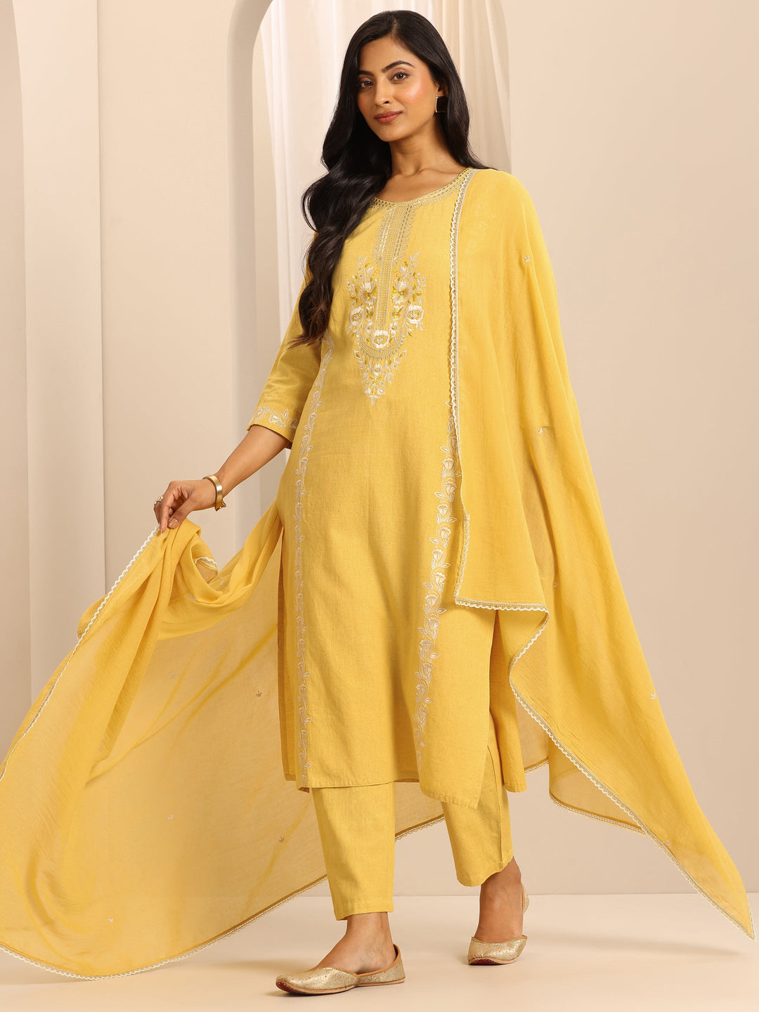  Yellow Embroidered Cotton Blend Straight Suit Set With Dupatta 