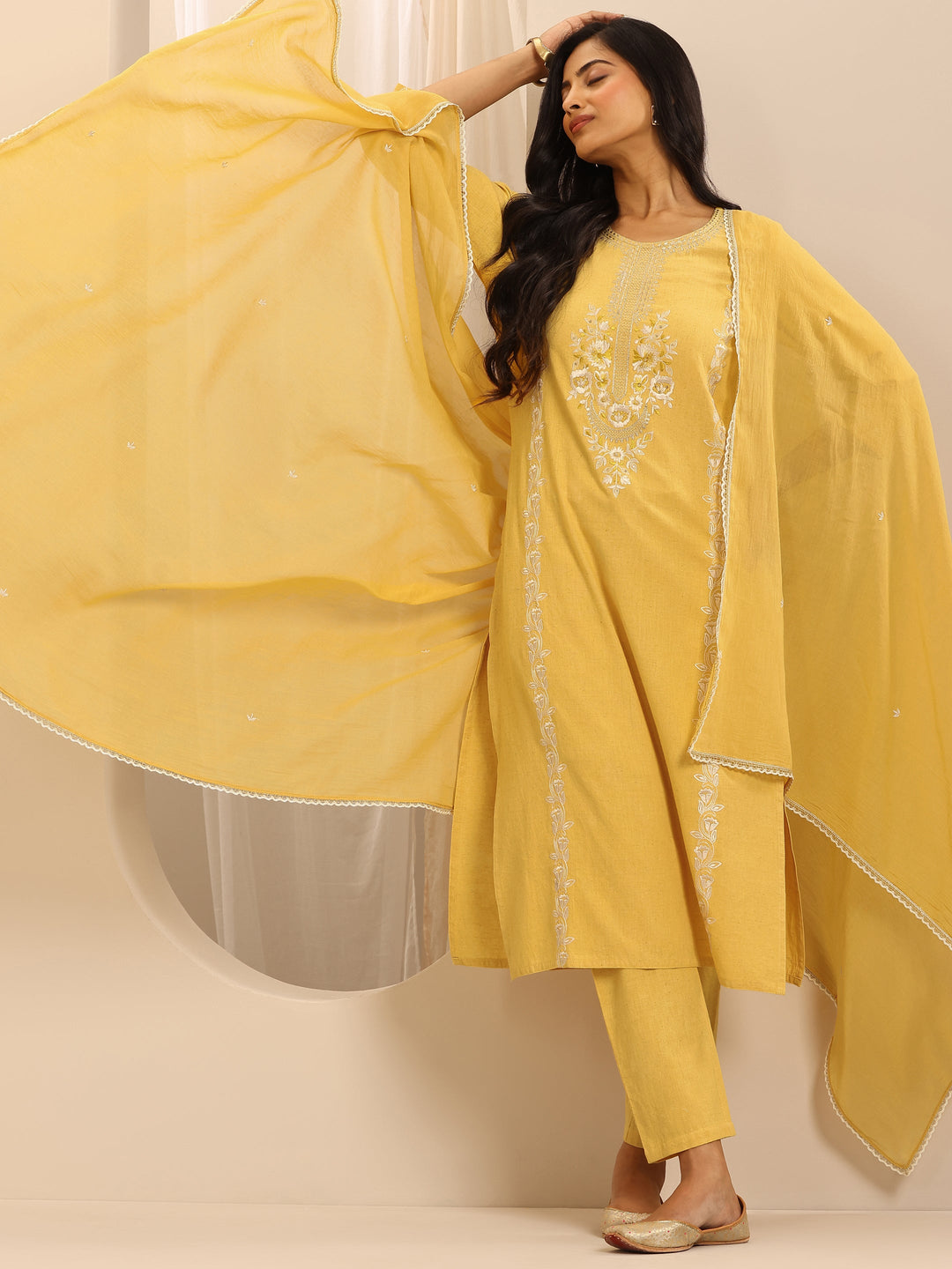 Yellow Embroidered Cotton Blend Straight Suit Set With Dupatta 