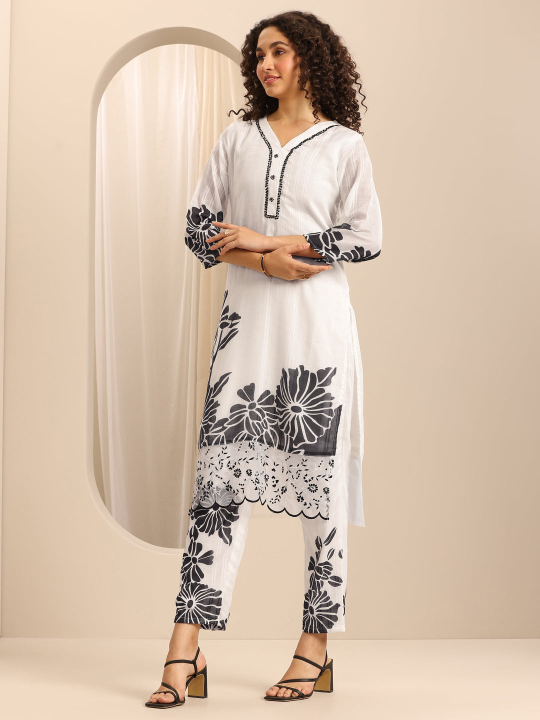  White Printed Cotton Blend Straight Suit Set With Dupatta 