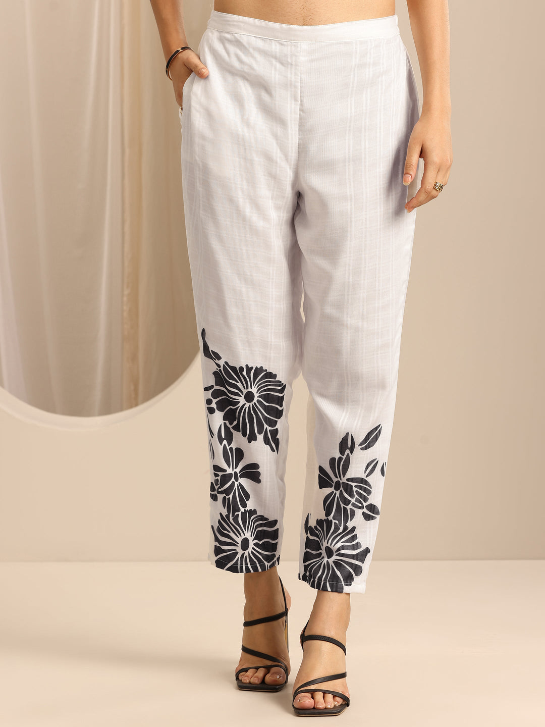  White Printed Cotton Blend Straight Suit Set With Dupatta 