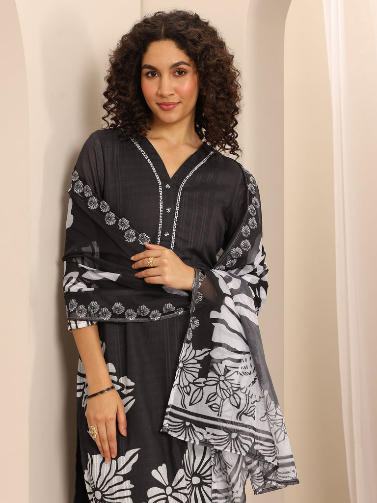 Gerua Black Printed Cotton Blend Straight Suit Set With Dupatta