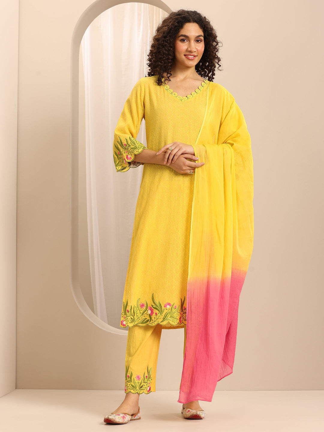  Yellow Embroidered Cotton Blend Straight Suit Set With Dupatta 