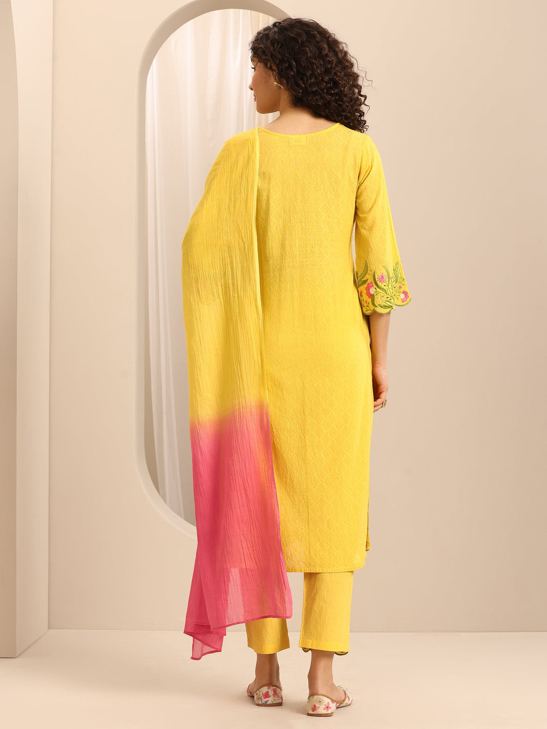 Yellow Embroidered Cotton Blend Straight Suit Set With Dupatta 