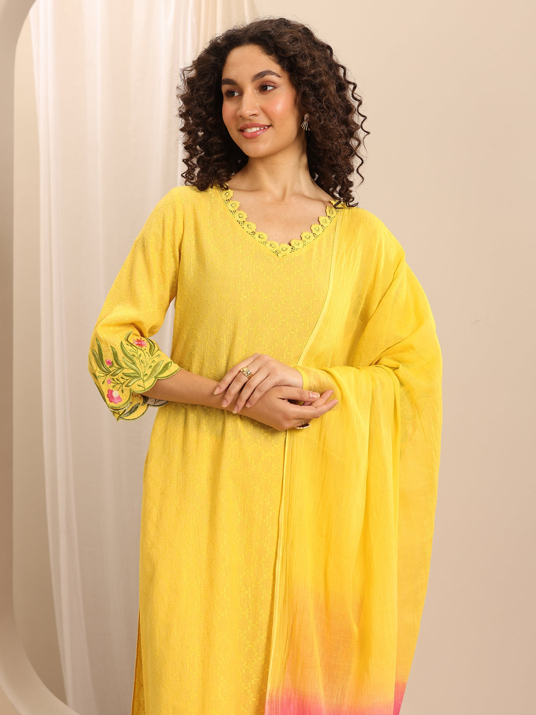  Yellow Embroidered Cotton Blend Straight Suit Set With Dupatta 