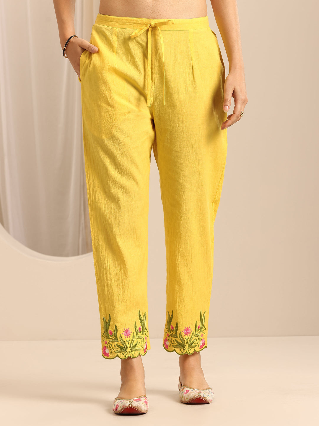  Yellow Embroidered Cotton Blend Straight Suit Set With Dupatta 