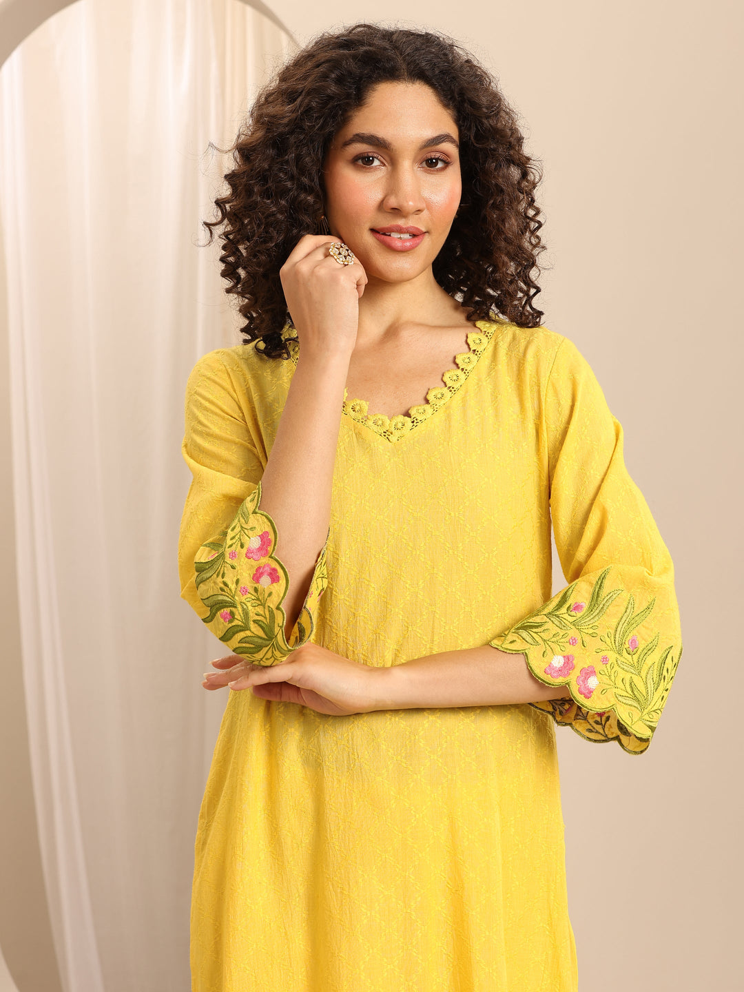  Yellow Embroidered Cotton Blend Straight Suit Set With Dupatta 