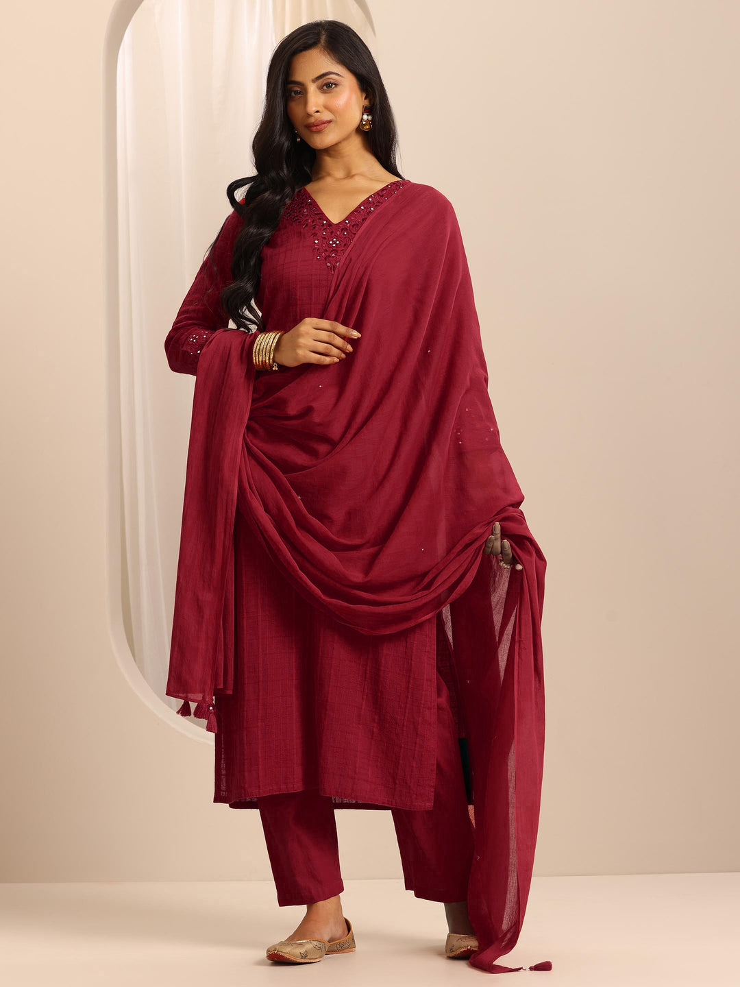  Red Woven Cotton Blend Straight Suit Set With Dupatta 