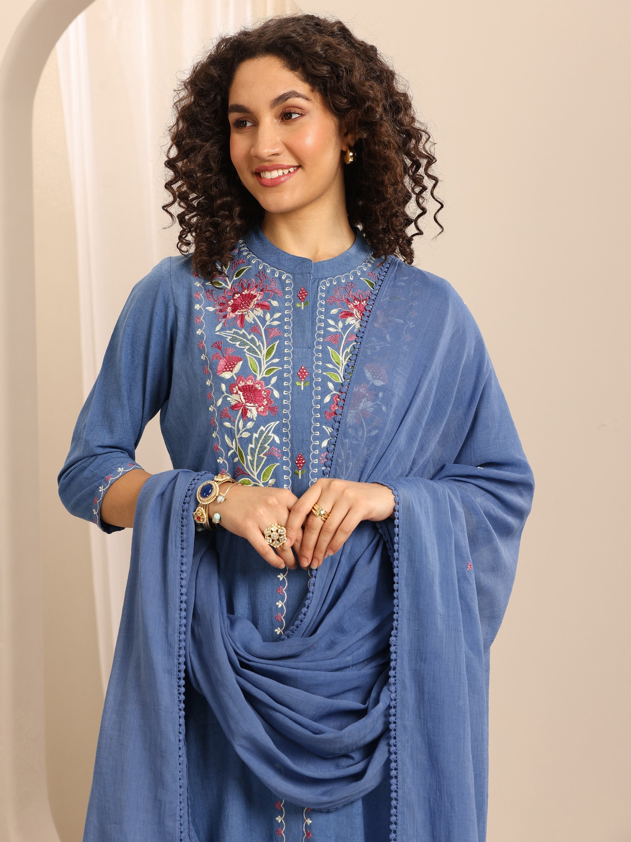 libas Blue Embroidered Cotton Blend Straight Suit Set With Dupatta-picture-46