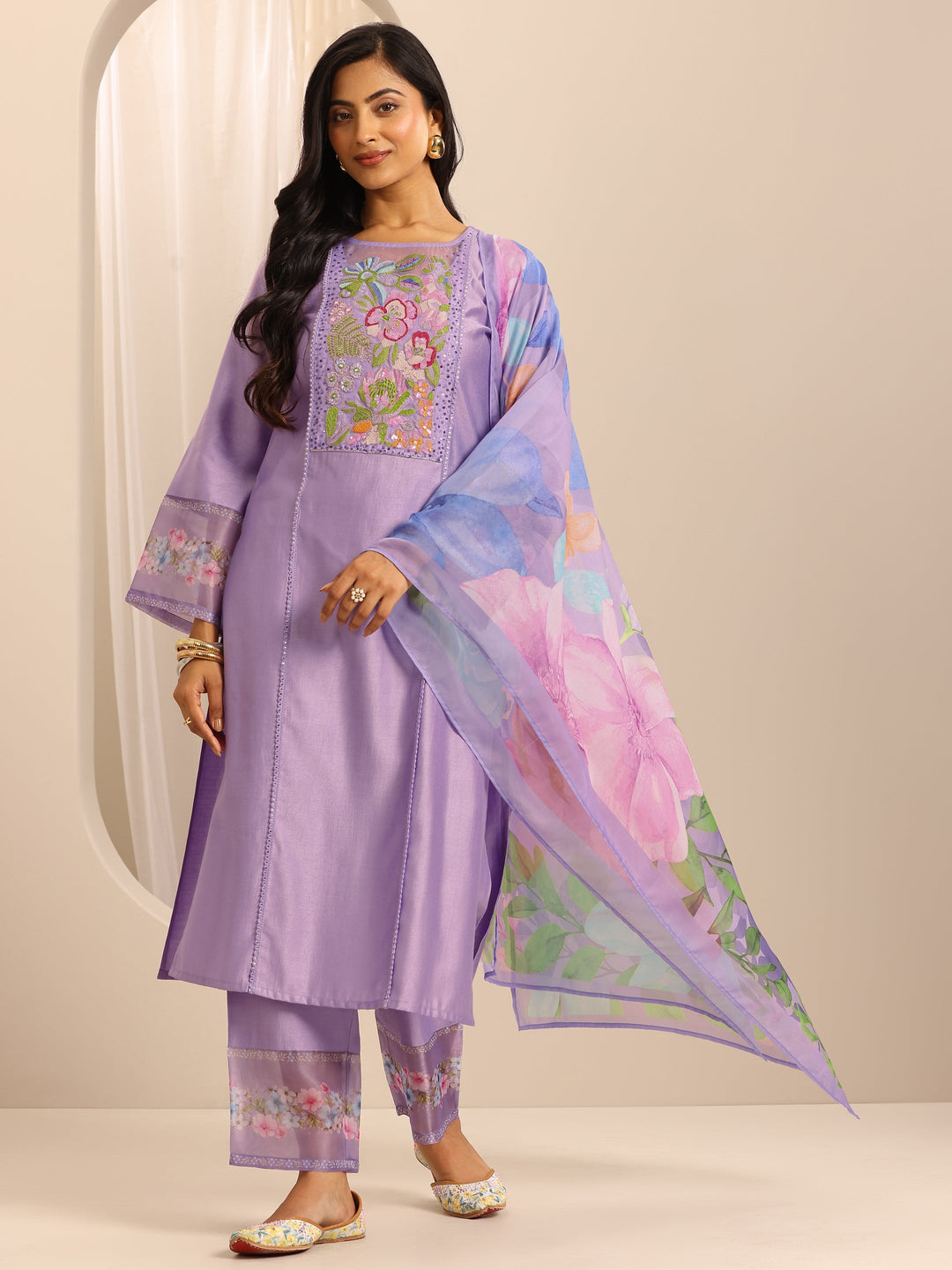  Purple Embroidered Silk Blend Straight Suit Set With Dupatta 