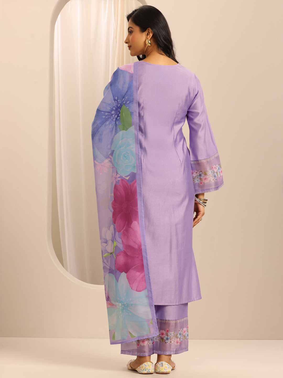  Purple Embroidered Silk Blend Straight Suit Set With Dupatta 