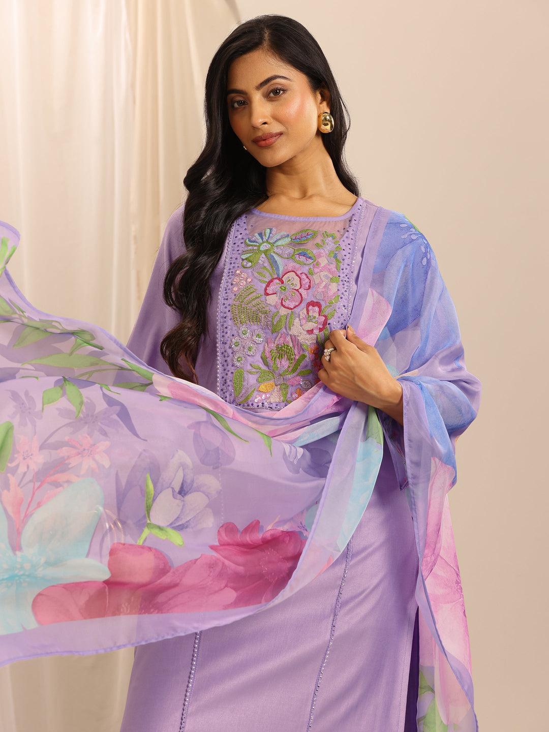  Purple Embroidered Silk Blend Straight Suit Set With Dupatta 