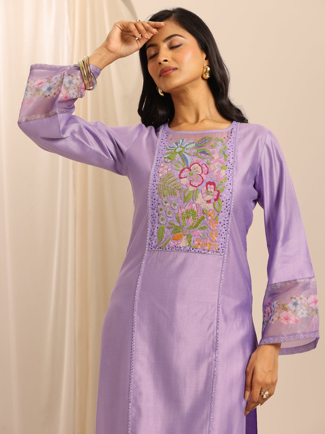 Purple Embroidered Silk Blend Straight Suit Set With Dupatta 