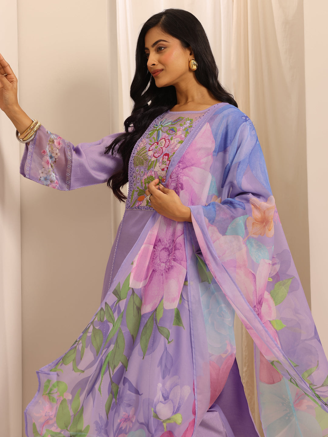  Purple Embroidered Silk Blend Straight Suit Set With Dupatta 
