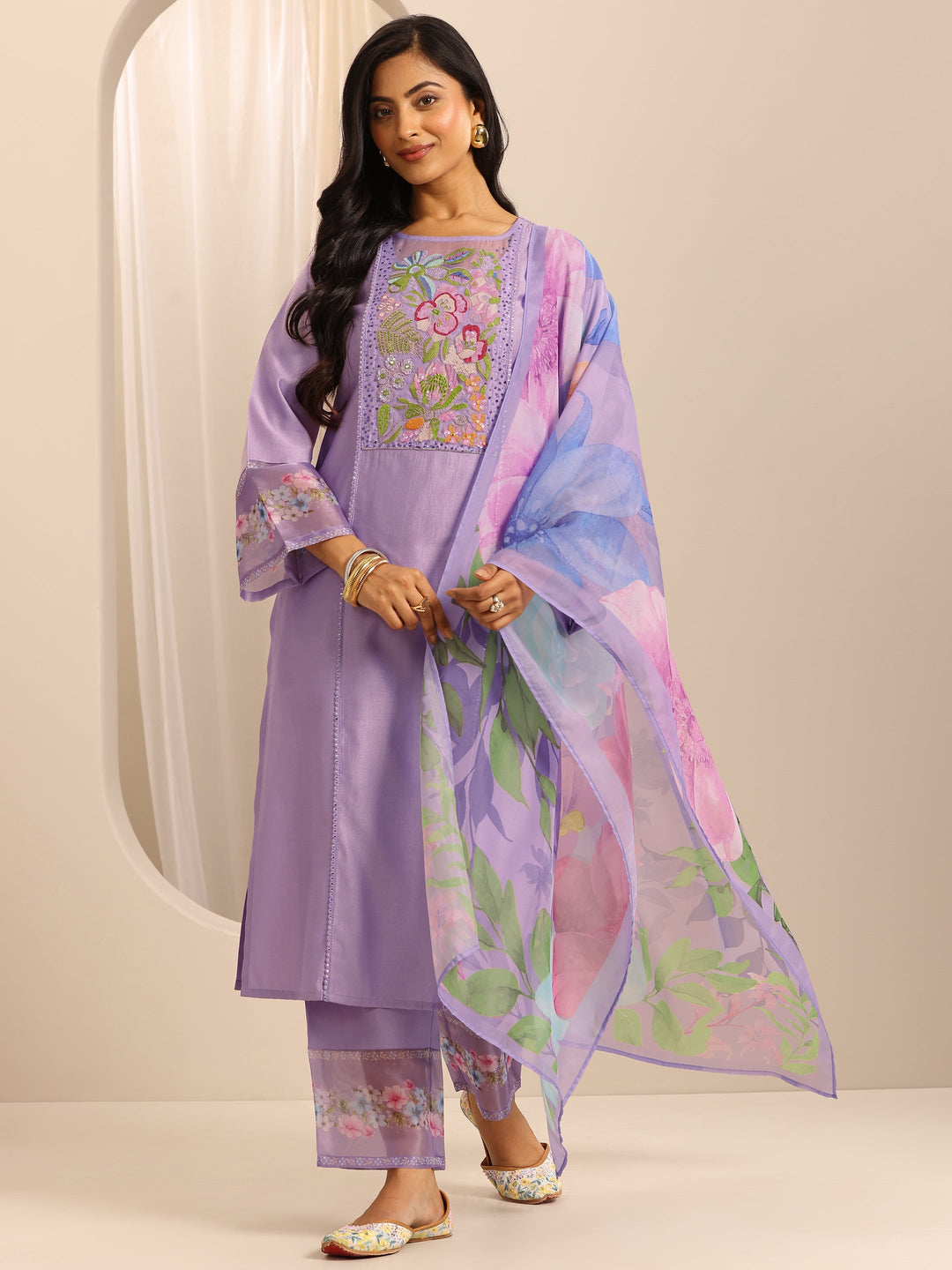  Purple Embroidered Silk Blend Straight Suit Set With Dupatta 