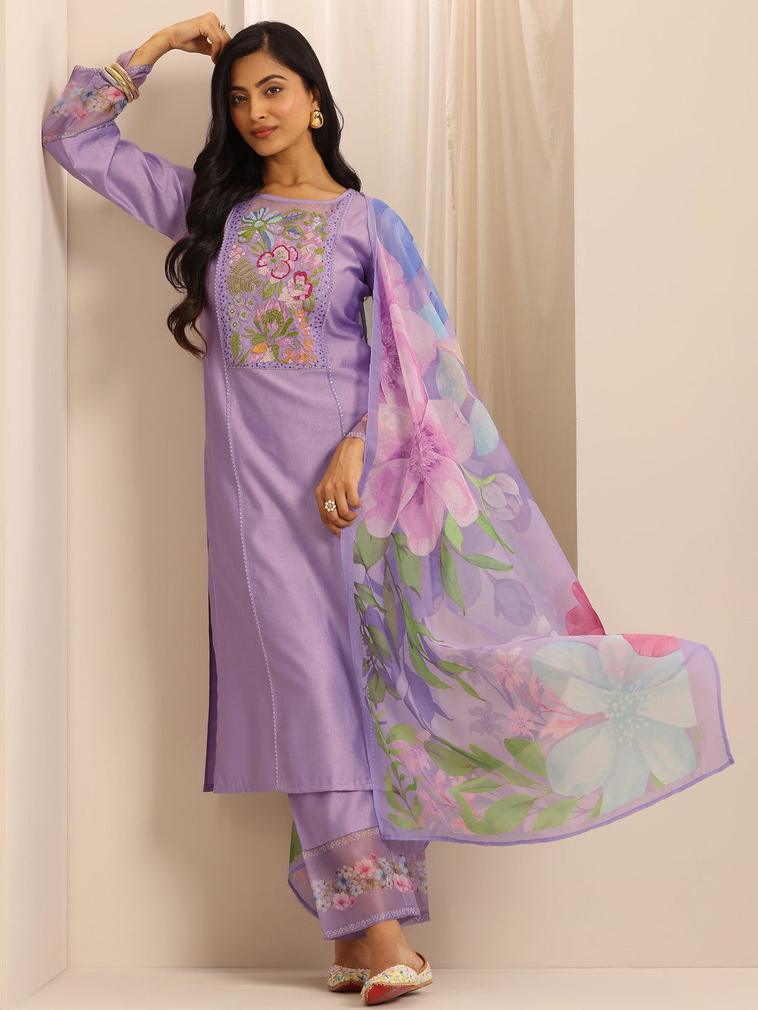 Purple Embroidered Silk Blend Straight Suit Set With Dupatta