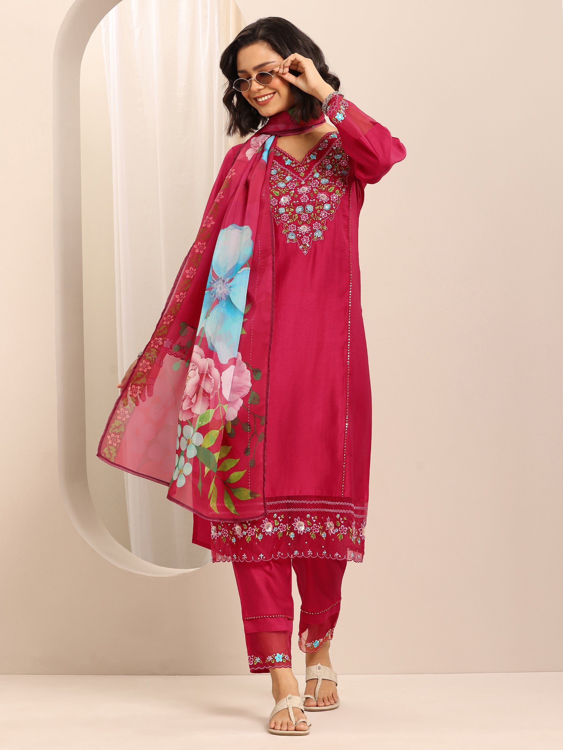 libas Red Embroidered Silk Blend Straight Suit Set With Dupatta-picture-30