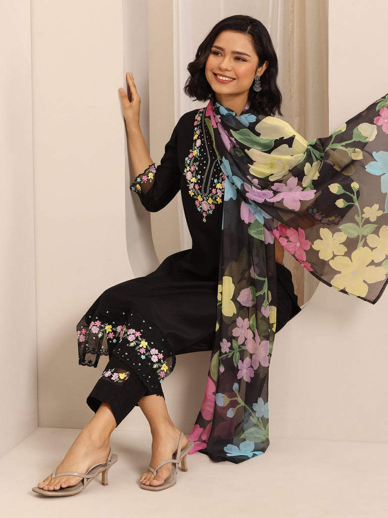 Libas Black Embroidered Silk Blend Straight Suit Set With Dupatta