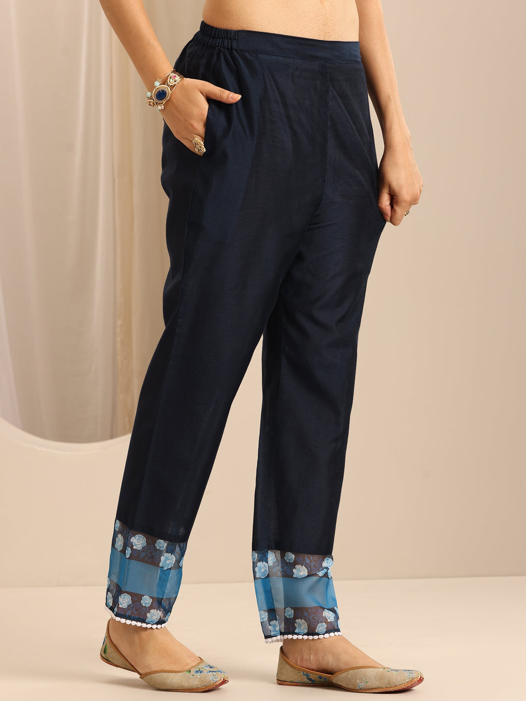  Dark Blue Printed Silk Blend Straight Suit Set With Dupatta 