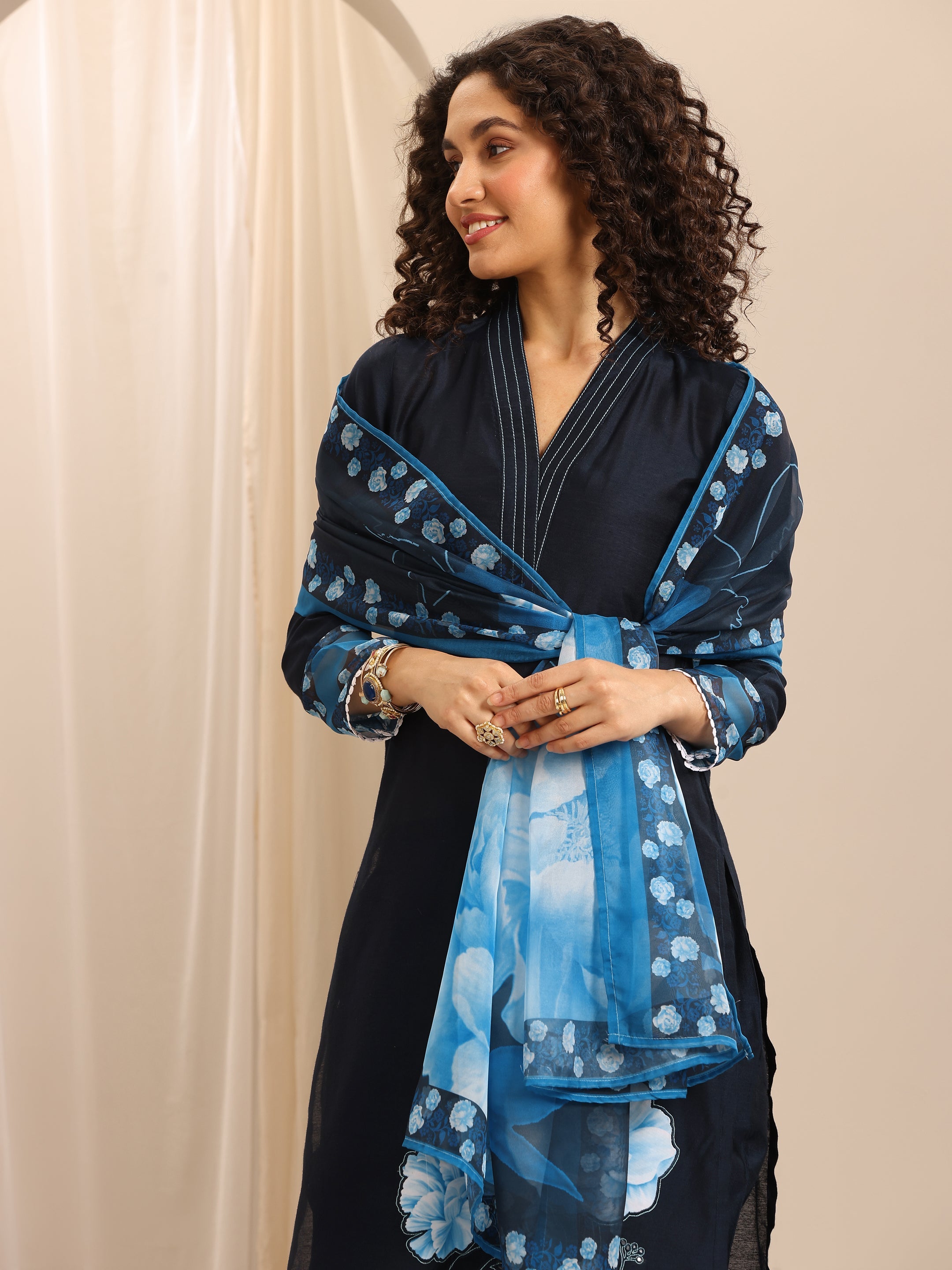Dark Blue Printed Silk Blend Straight Suit Set With Dupatta-image-19