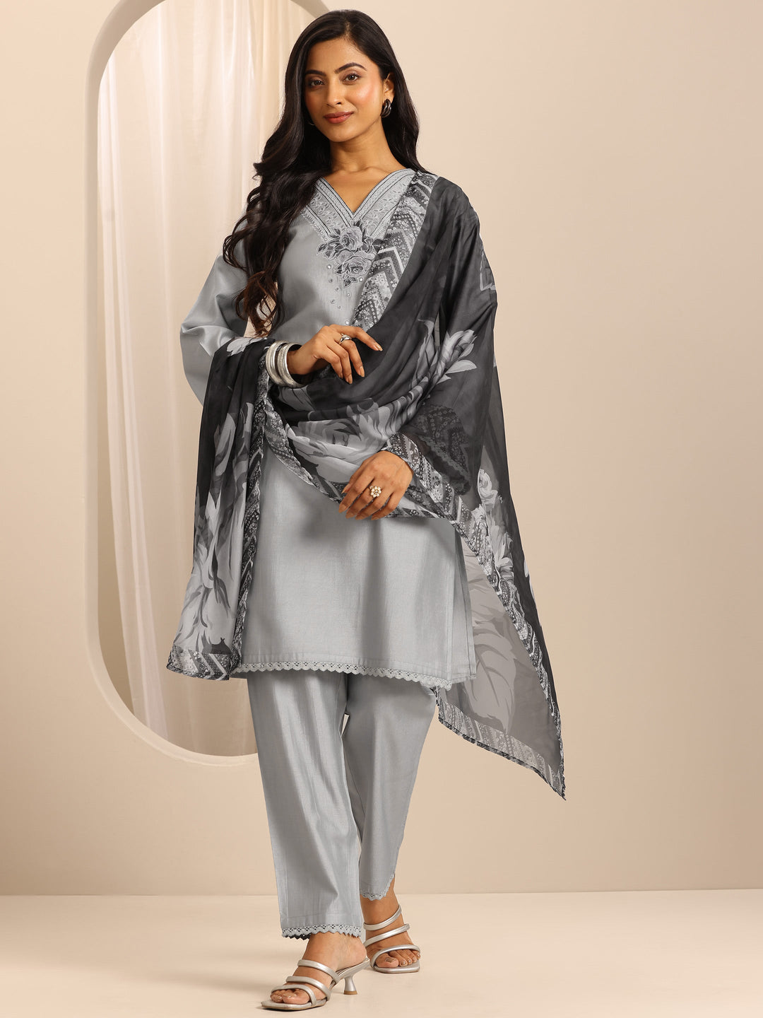  Grey Embroidered Silk Blend Straight Suit Set With Dupatta 