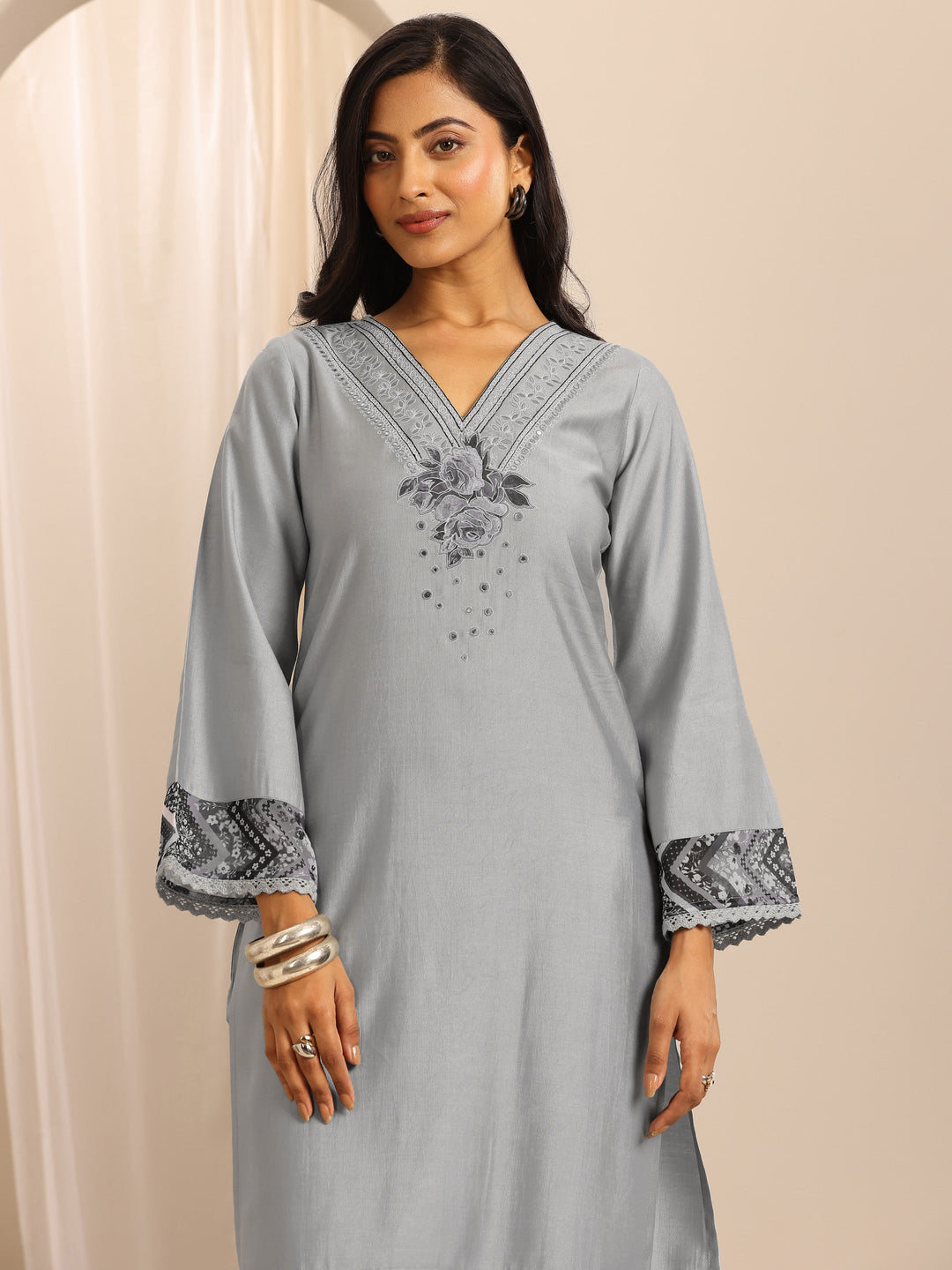  Grey Embroidered Silk Blend Straight Suit Set With Dupatta 