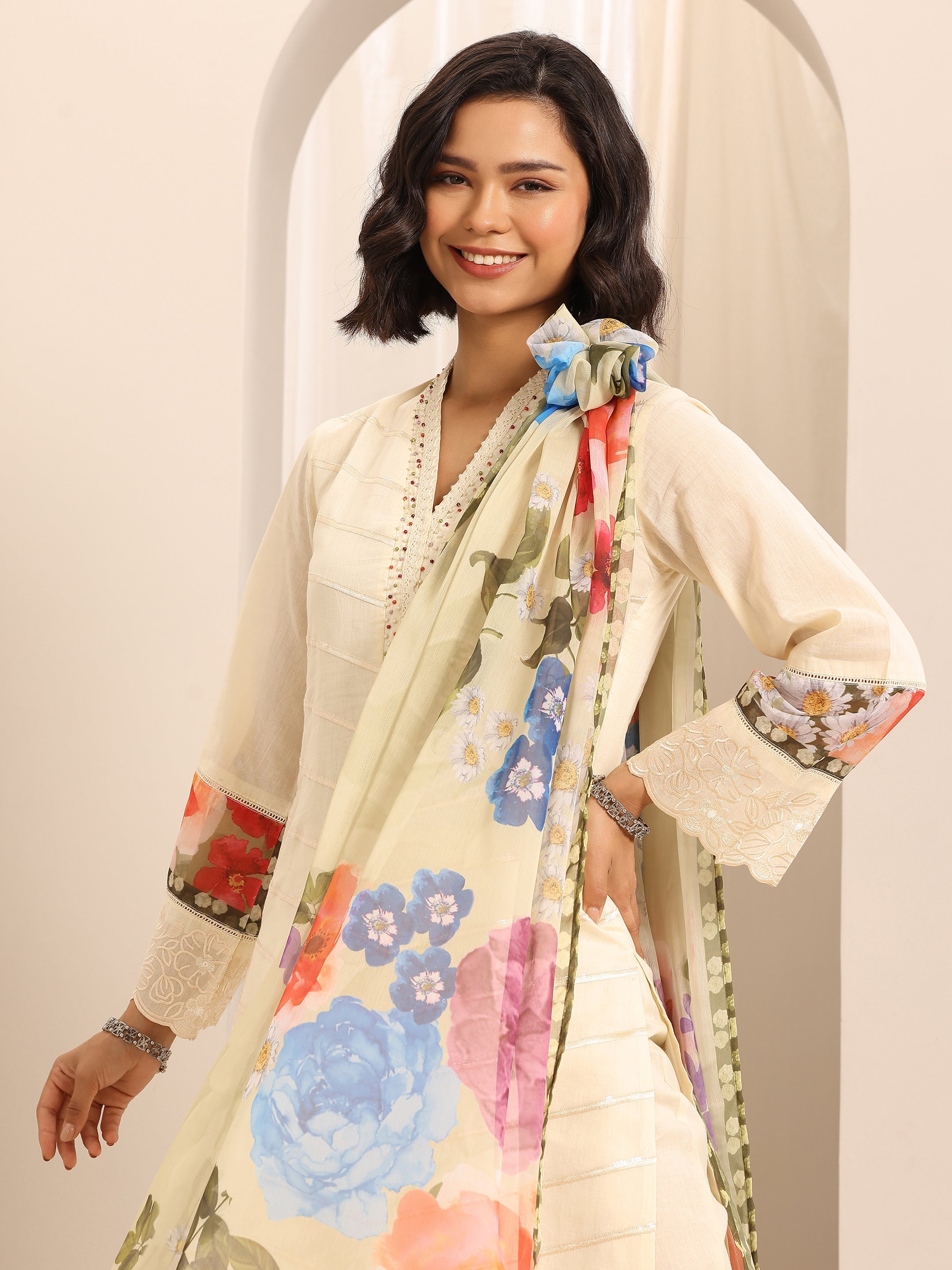 White Embroidered Cotton Blend Straight Suit Set With Dupatta-image-36