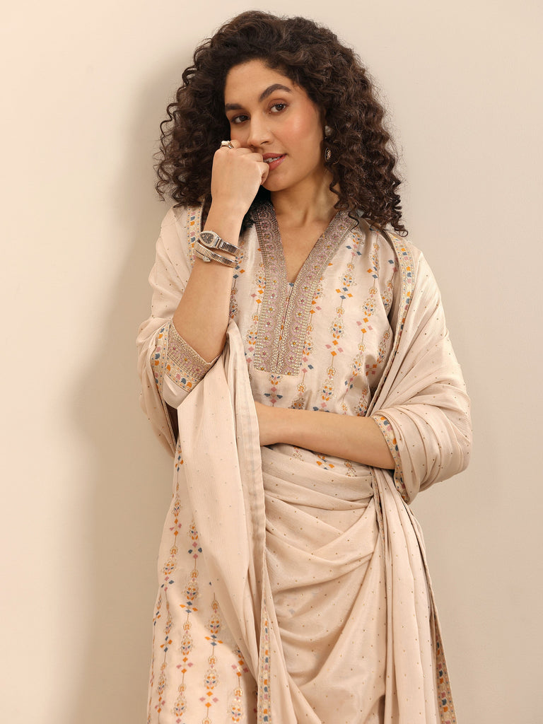 Libas White Woven Silk Blend Straight Suit Set With Dupatta