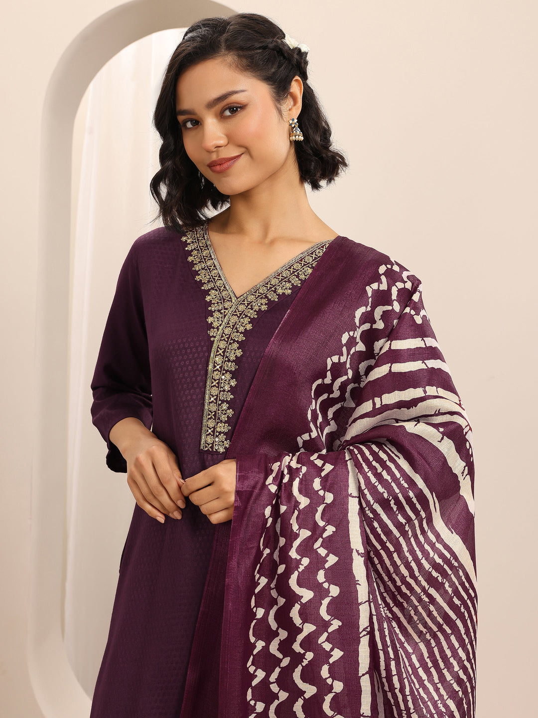  Maroon Woven Cotton Blend Straight Suit Set With Dupatta 