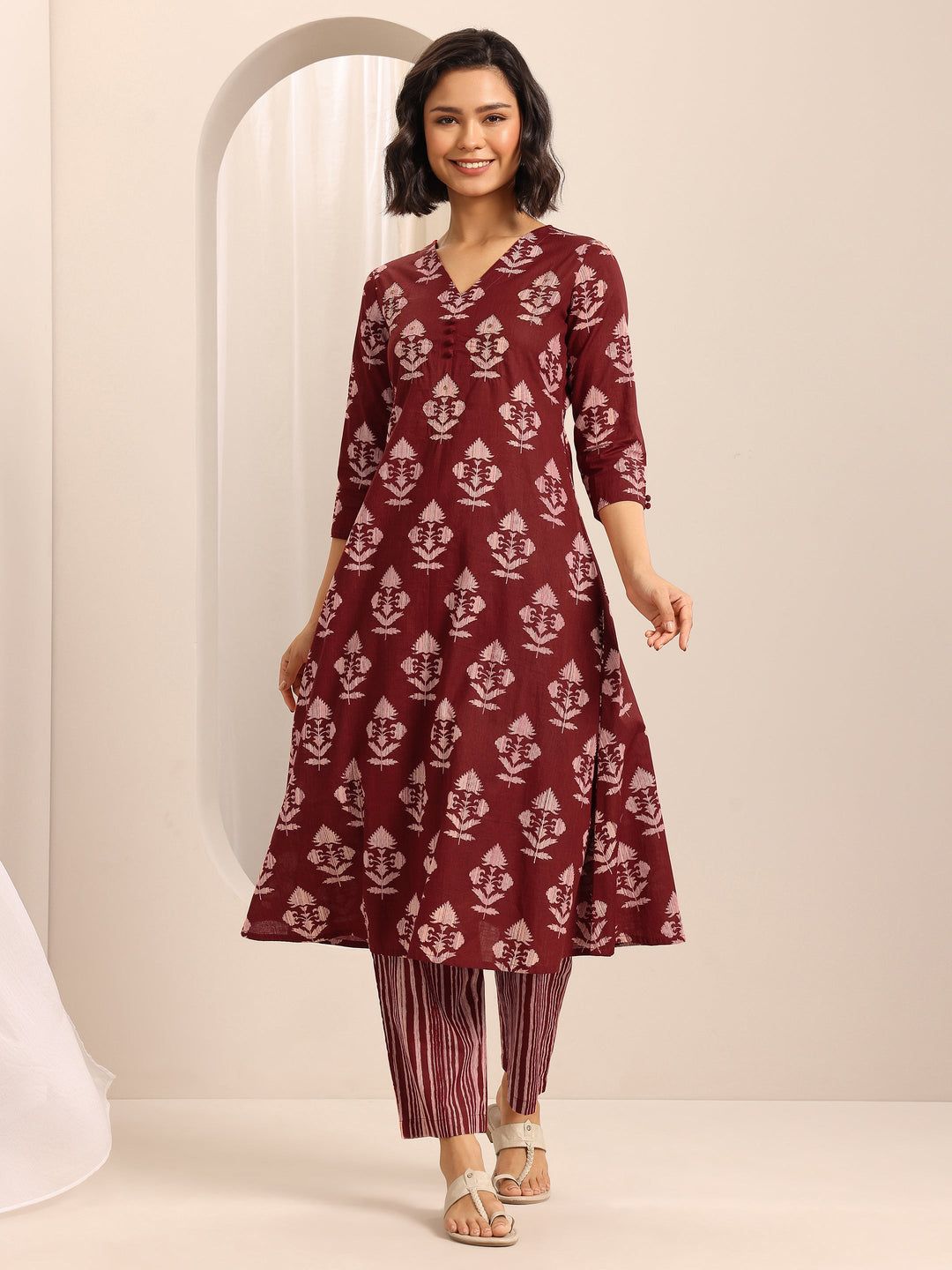  Red Printed Cotton Blend A-line Kurta Set 