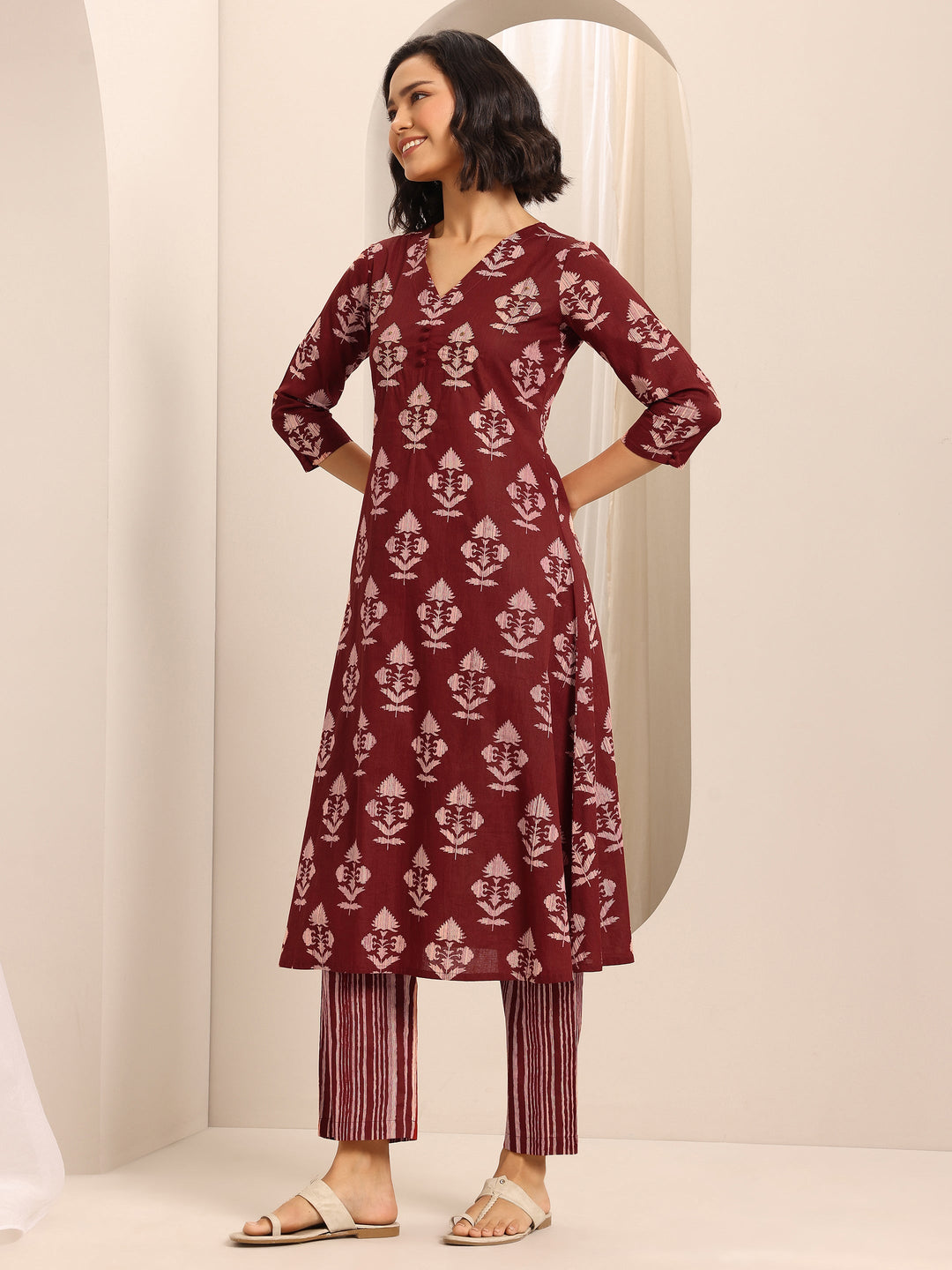  Red Printed Cotton Blend A-line Kurta Set 