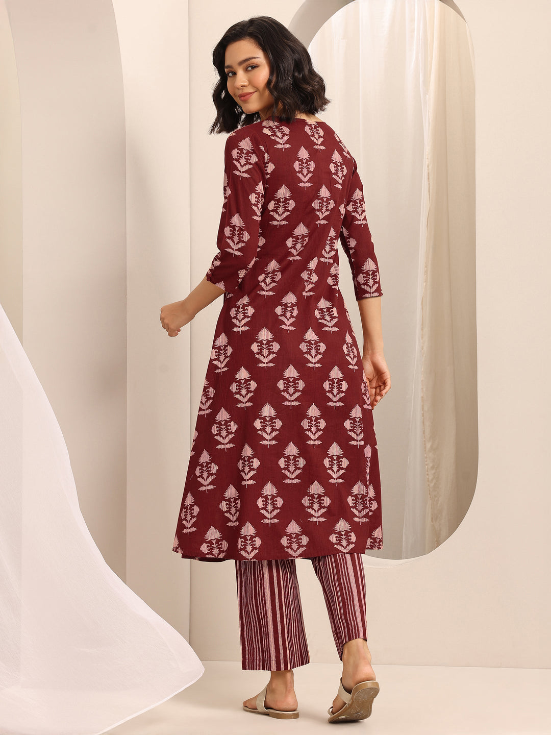 Red Printed Cotton Blend A-line Kurta Set 