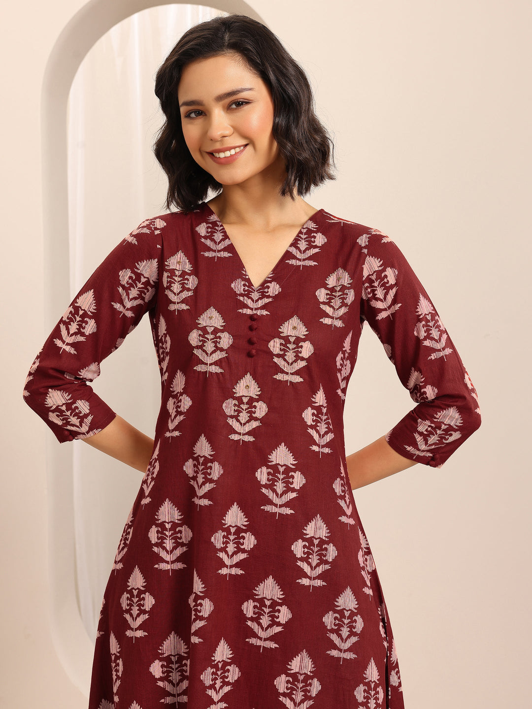  Red Printed Cotton Blend A-line Kurta Set 