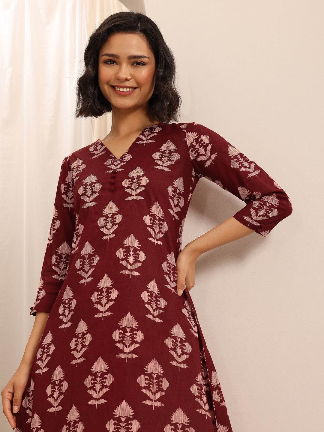  Red Printed Cotton Blend A-line Kurta Set 