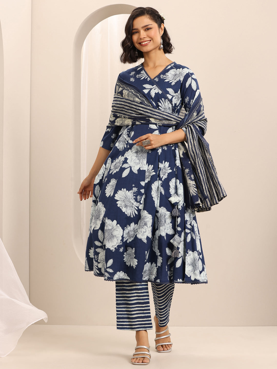  Dark Blue Printed Cotton Blend Anarkali Suit Set With Dupatta 