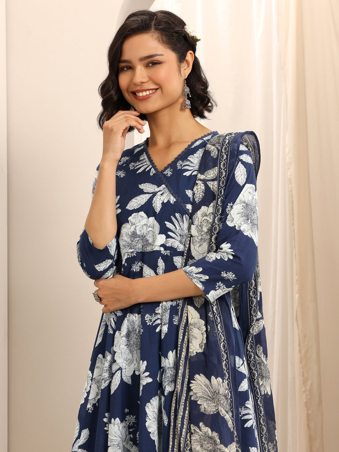  Dark Blue Printed Cotton Blend Anarkali Suit Set With Dupatta 