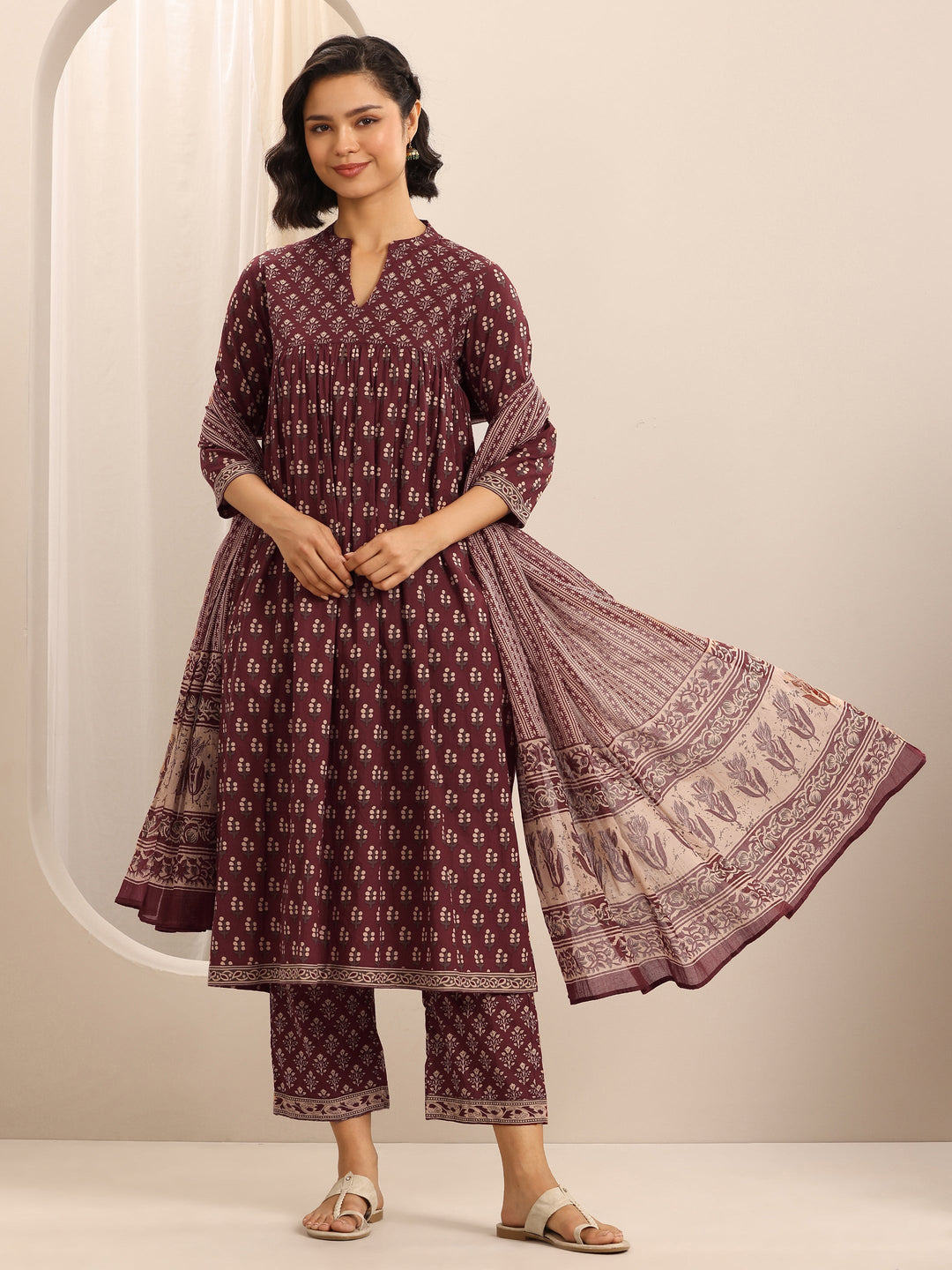  Maroon Printed Cotton Blend Anarkali Suit Set With Dupatta 