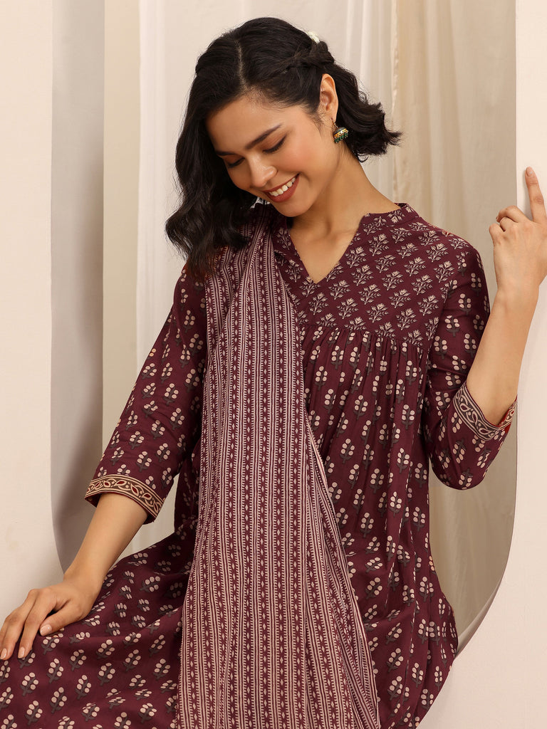 Libas Maroon Printed Cotton Blend Anarkali Suit Set With Dupatta