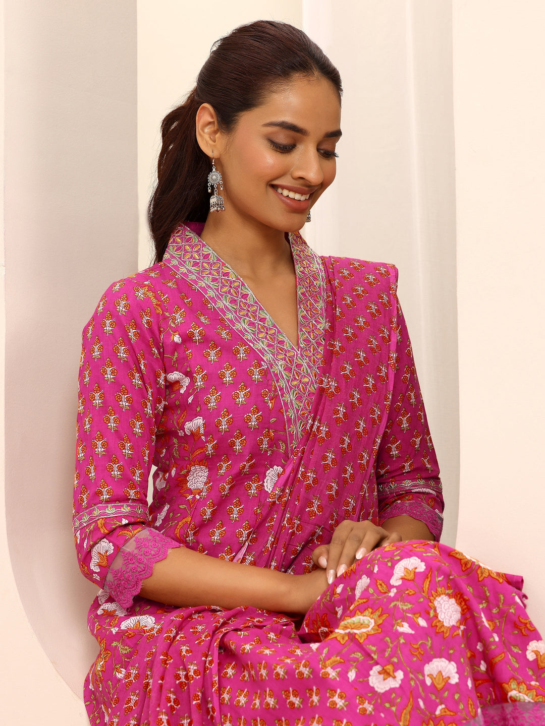 Pink Printed Cotton Blend A-line Suit Set With Dupatta