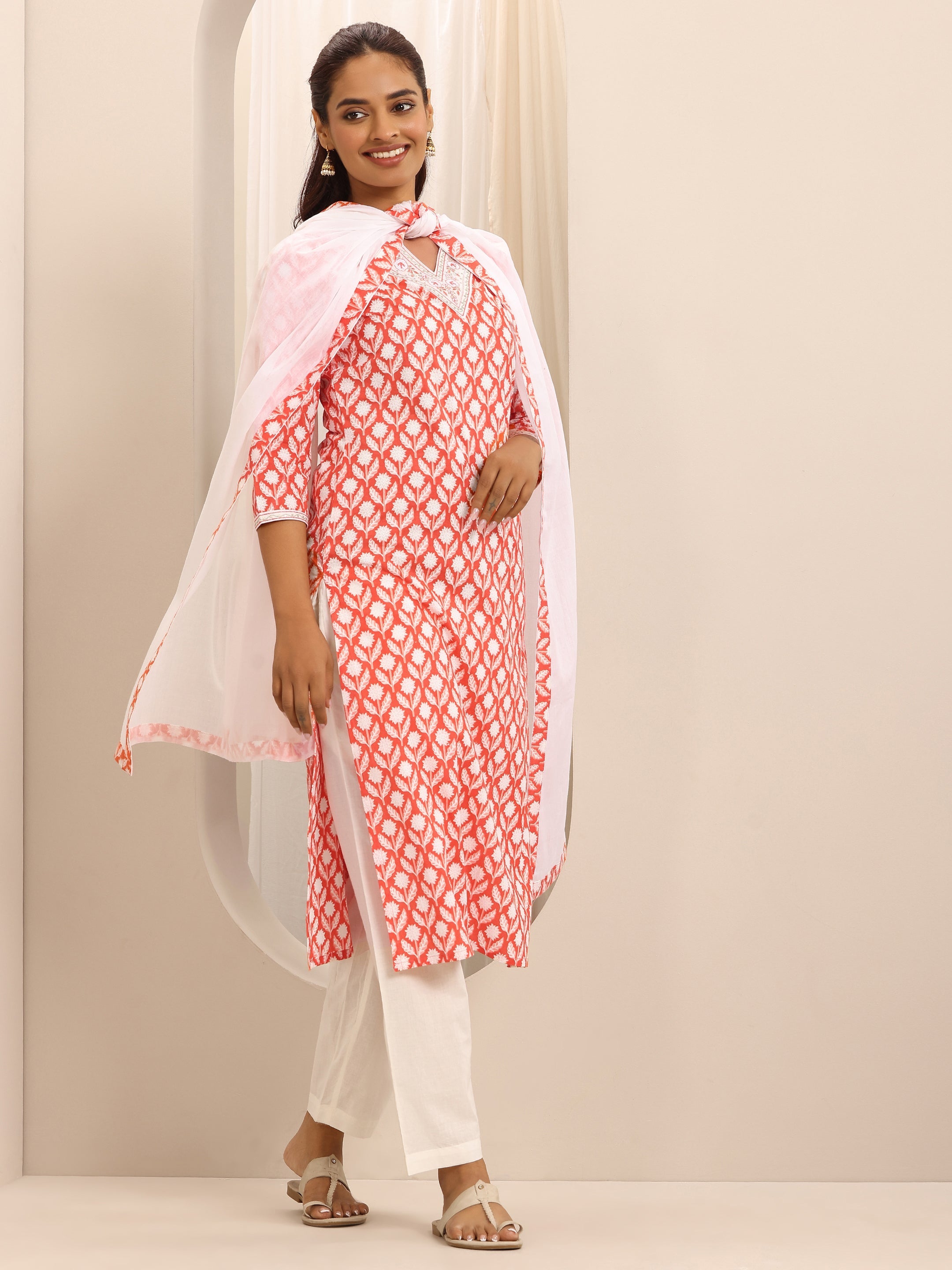 libas Orange Printed Cotton Blend Straight Suit Set With Dupatta-picture-66